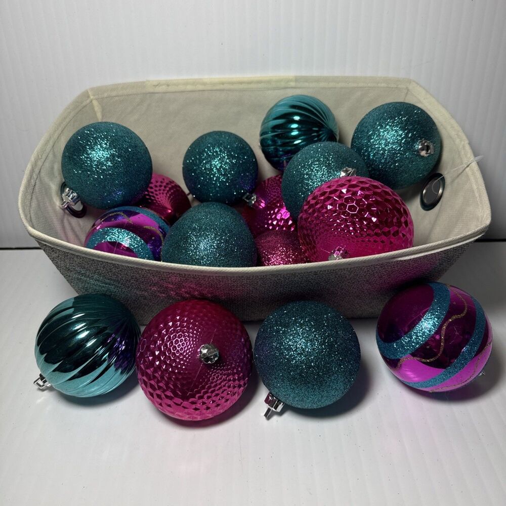 18 Pink and Teal Shatterproof Christmas Ornaments